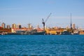 Finger Wharf with Battleship mooring at major fleet bases of the Royal Australian Navy RAN establishments. Royalty Free Stock Photo